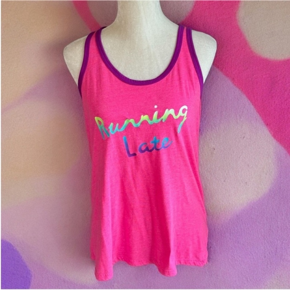 Athletic Works Pink Racerback Tank with Multicolor 'Running Late' Script